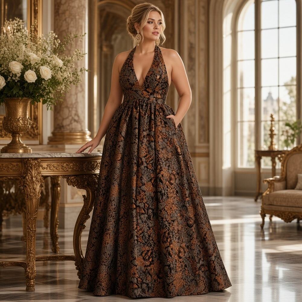 Dress the Population Christina Metallic Floral Jacquard Gown XL, NWT